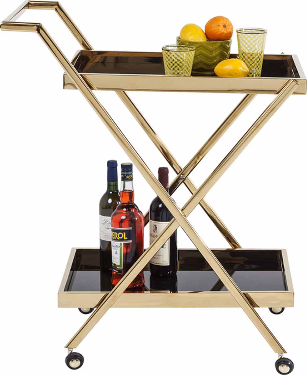 Servierwagen- Edelstahl, Vermessingt, Goldfarben, Glas, Schwarz