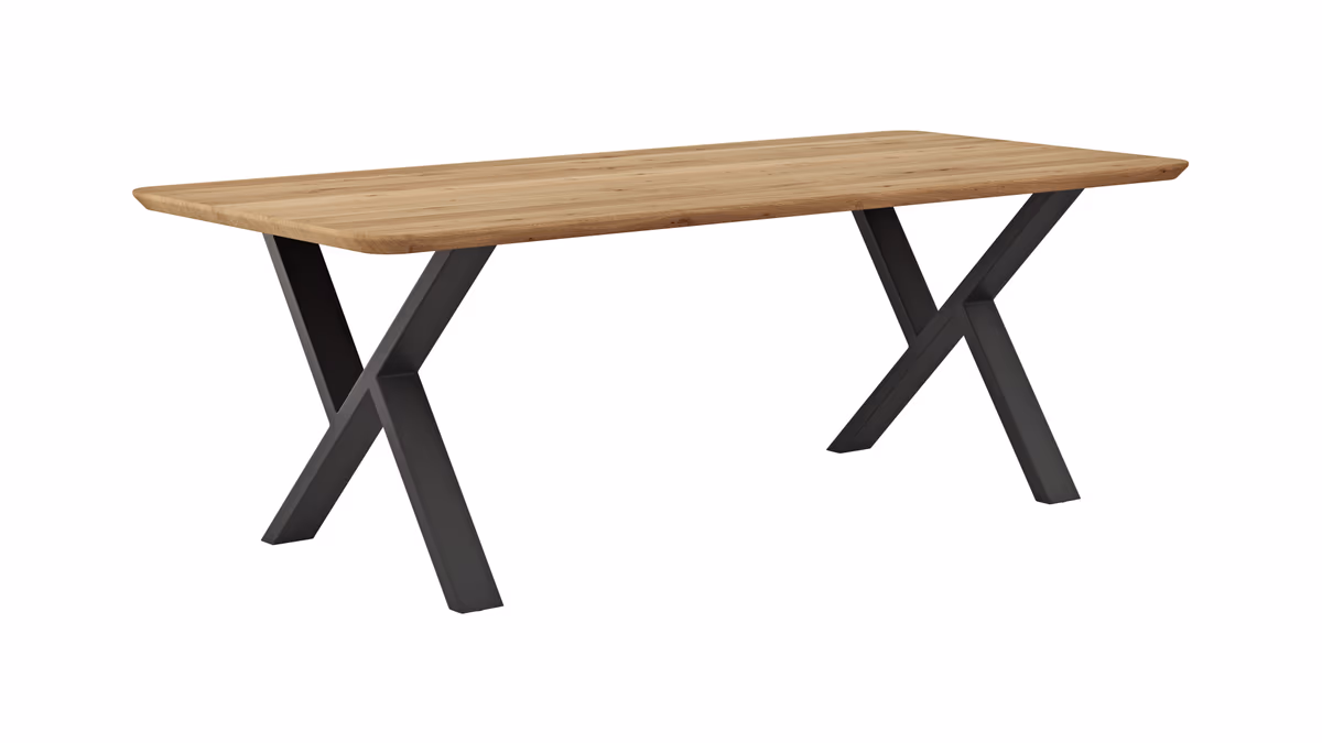 Esstisch Belfast - LB ca. 220x100 cm, Eiche massiv, X-Gestell asymmetrisch