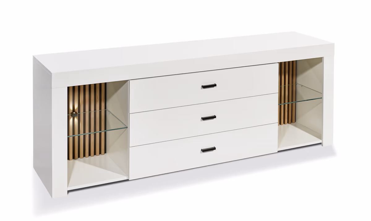 TV-Lowboard - mit Beleuchtung, B ca. 179 cm, Weiß, Evoke Eiche Nachbildung