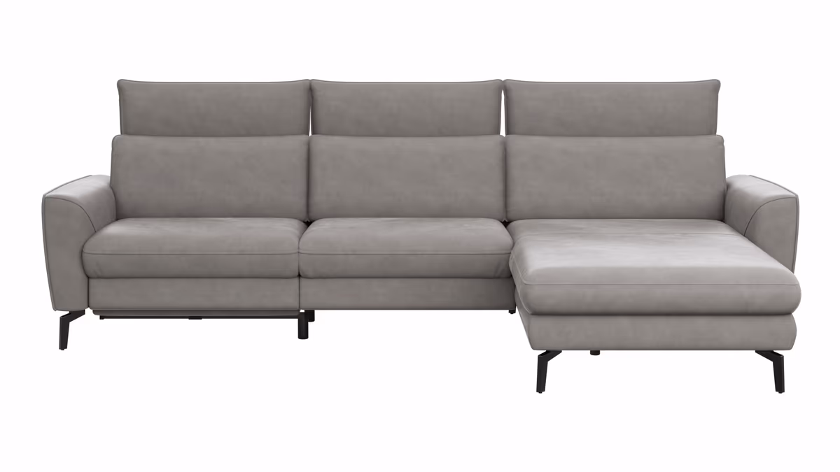 Ecksofa Avela - 2,5-Sitzer mit Longchair rechts inkl. Kopfteile verstellbar, Relaxfunktion und Longchair verstellbar (motorisch), Leder, Steingrau