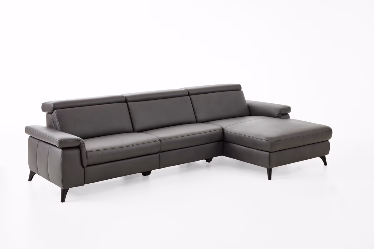 Ecksofa - 2-Sitzer mit Longchair rechts, Leder, Anthrazit
