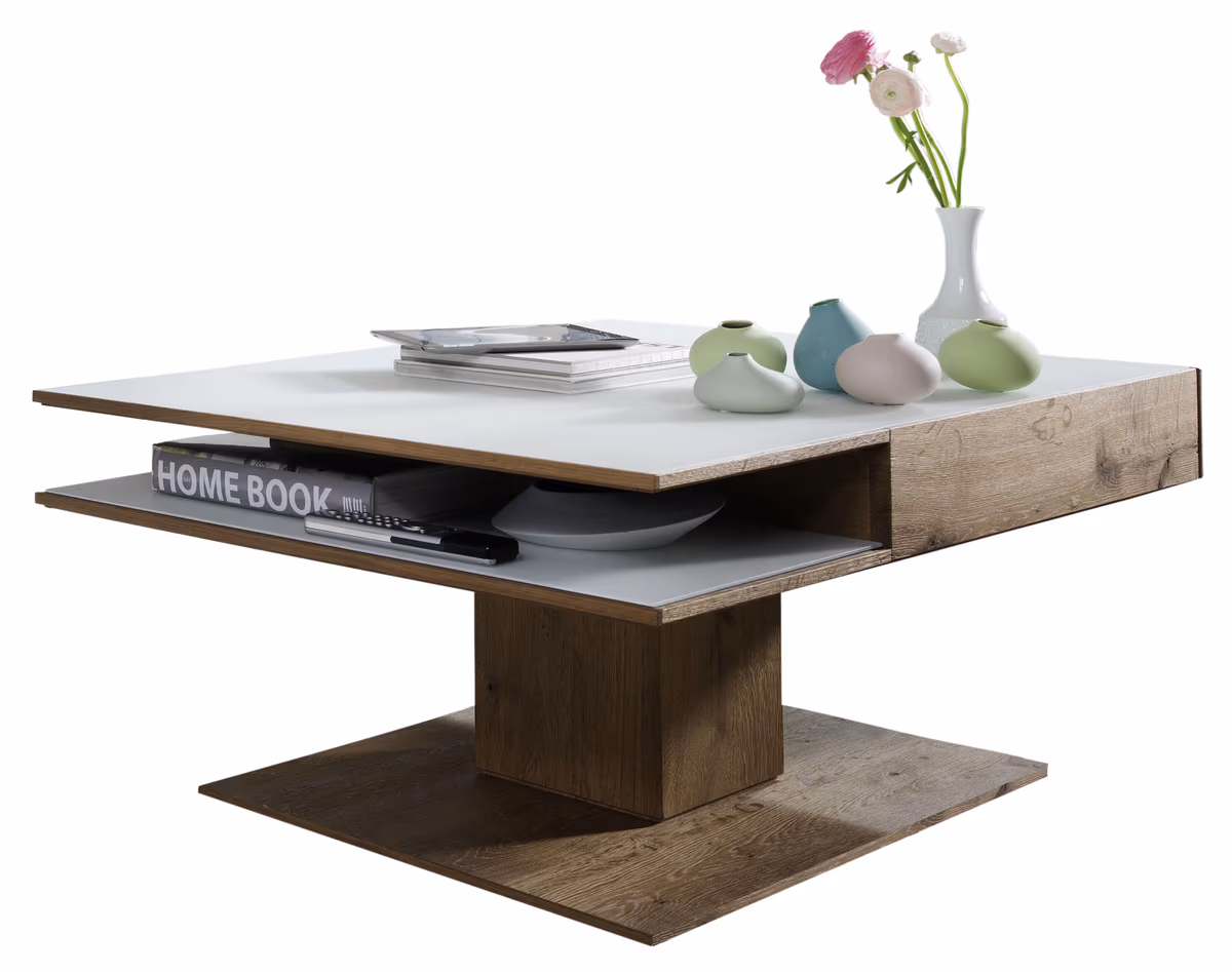 Couchtisch - Schublade, LBH105x75x46 cm, Kerneiche massiv, Mattglas, Weiß