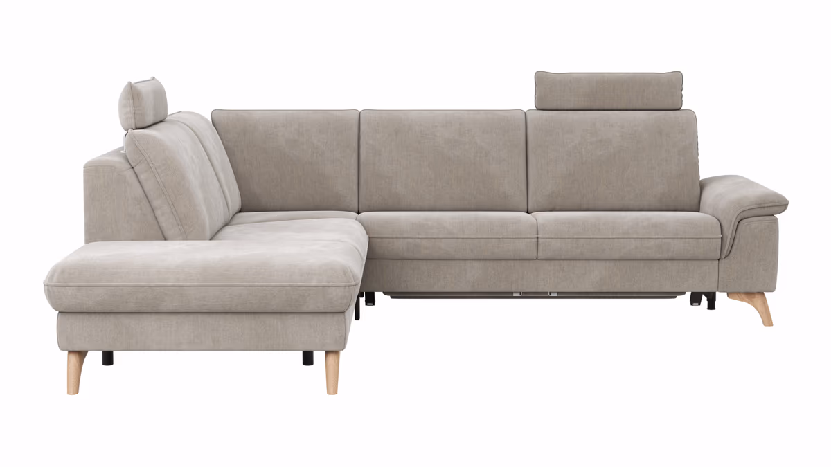Ecksofa Tulsa KS - 1,5-Sitzer mit Anstellhocker aufklappbar links, Spitzecke und 2,5-Sitzer rechts, inkl. Kopfstütze, AL verstellbar und Schlaffunktion, Stoff, Graubeige