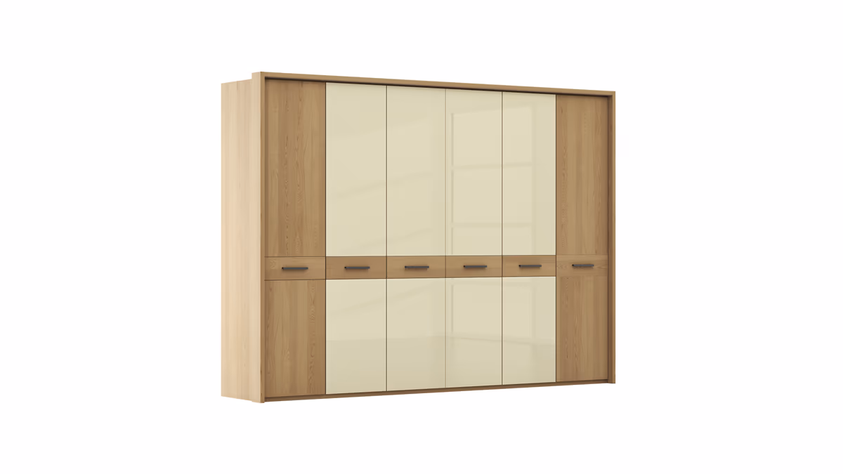 Drehtürenschrank Lenoso - B. ca. 306 cm, Eiche massiv, Glas, Champagner