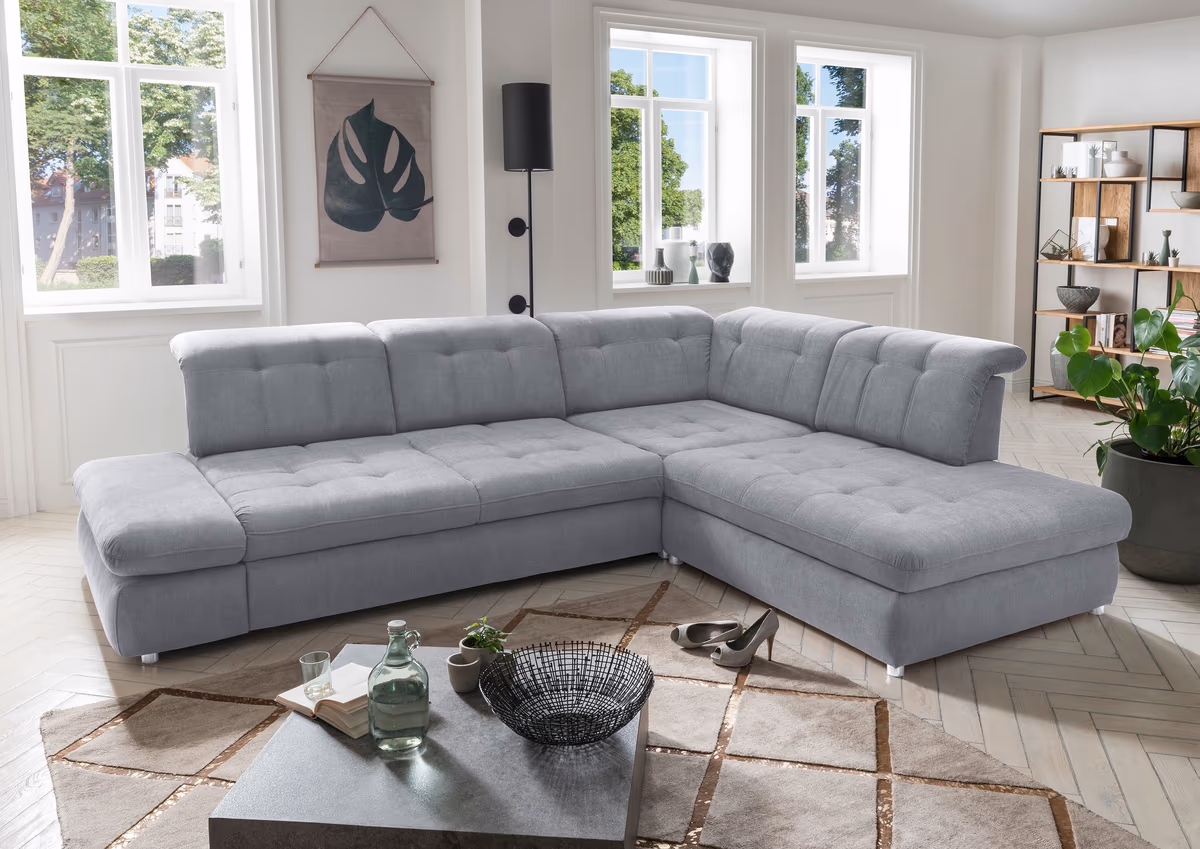 Ecksofa - Schlaffunktion mit Bettkasten (manuell), 2-Sitzer, Ecke rechts, Grau, Webstoff
