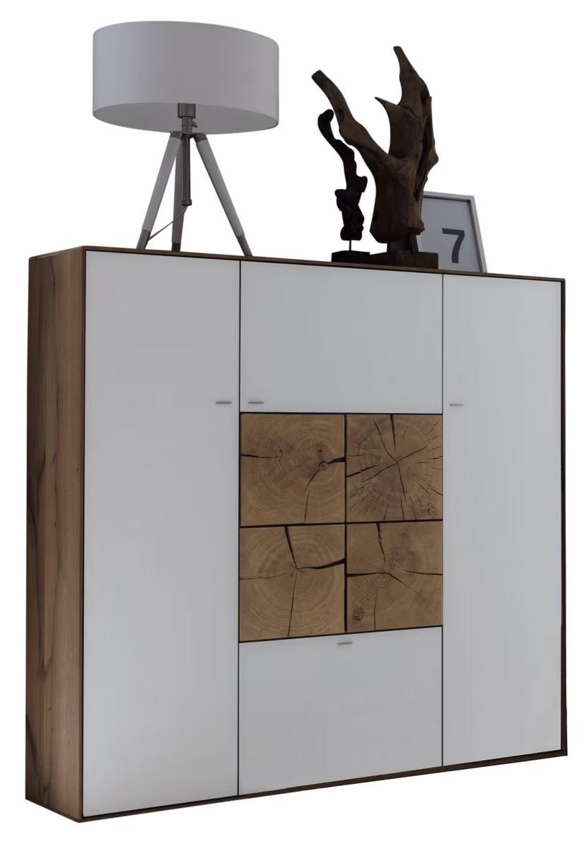 Highboard - Kerneiche massiv, Mattglas, Weiß mit Hirnholzscheiben