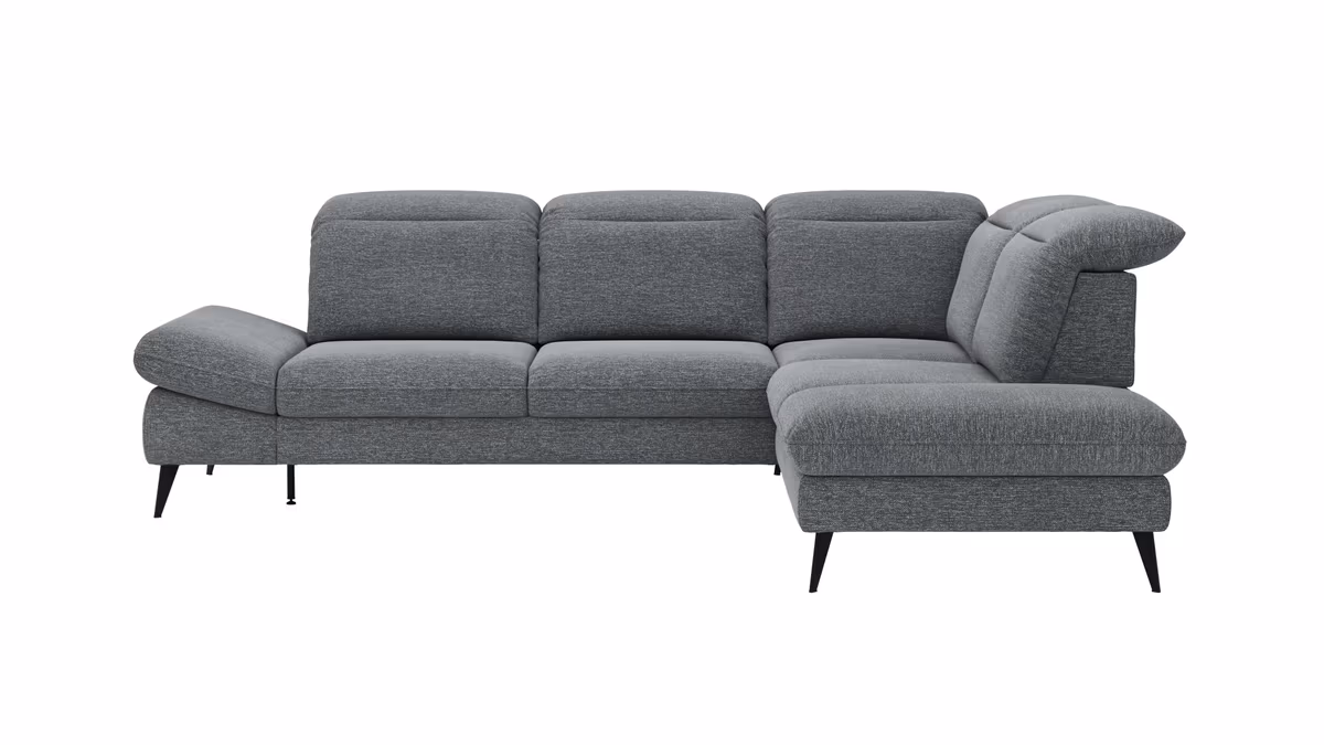 Ecksofa Alegria - 2,5-Sitzer mit Ecke rechts inkl. Kopfteil/ Armlehne/ Sitztiefe verstellbar, Stoff, Graublau