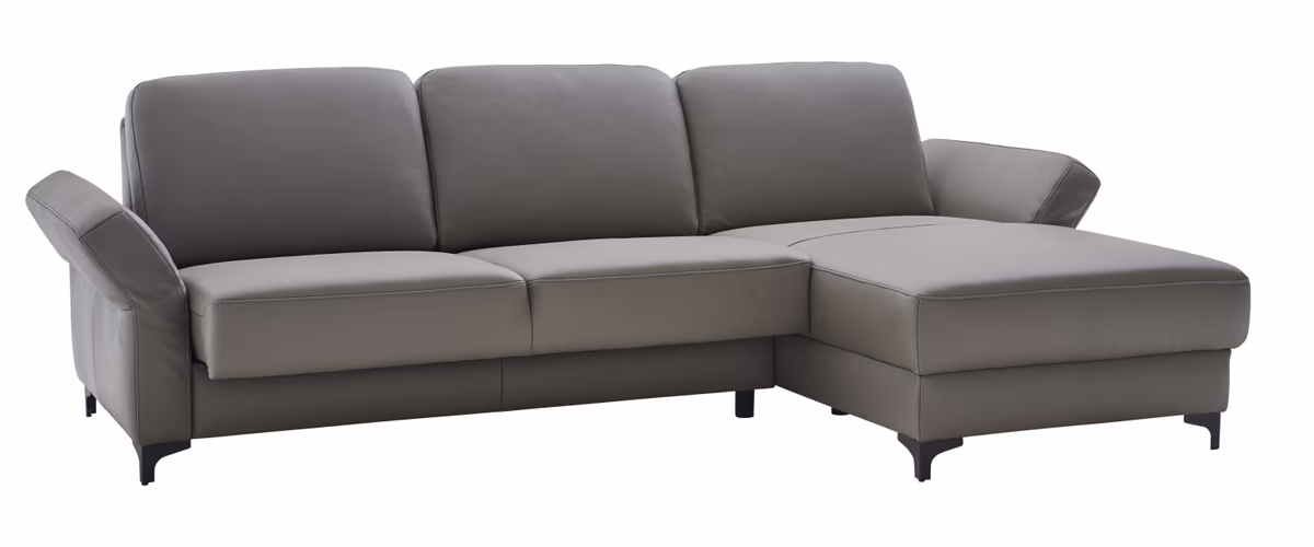 Ecksofa Merlos - 2-Sitzer mit Longchair rechts inkl. Sitzvorzug (motorisch) und Armlehnen verstellbar, Leder, Steingrau