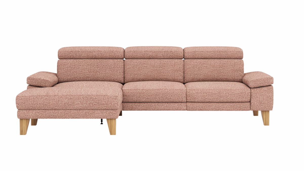 Ecksofa Hudson - Longchair links mit 2,5-Sitzer, inkl. Kopfteil verstellbar, Stoff, Kupfer