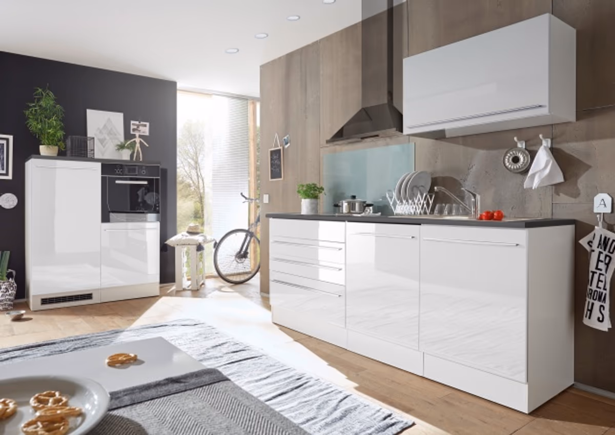 Küchenblock- ohne E-Geräte, B ca. 200 cm, Weiß Matt, Weiß Hochglanz, Anthrazit