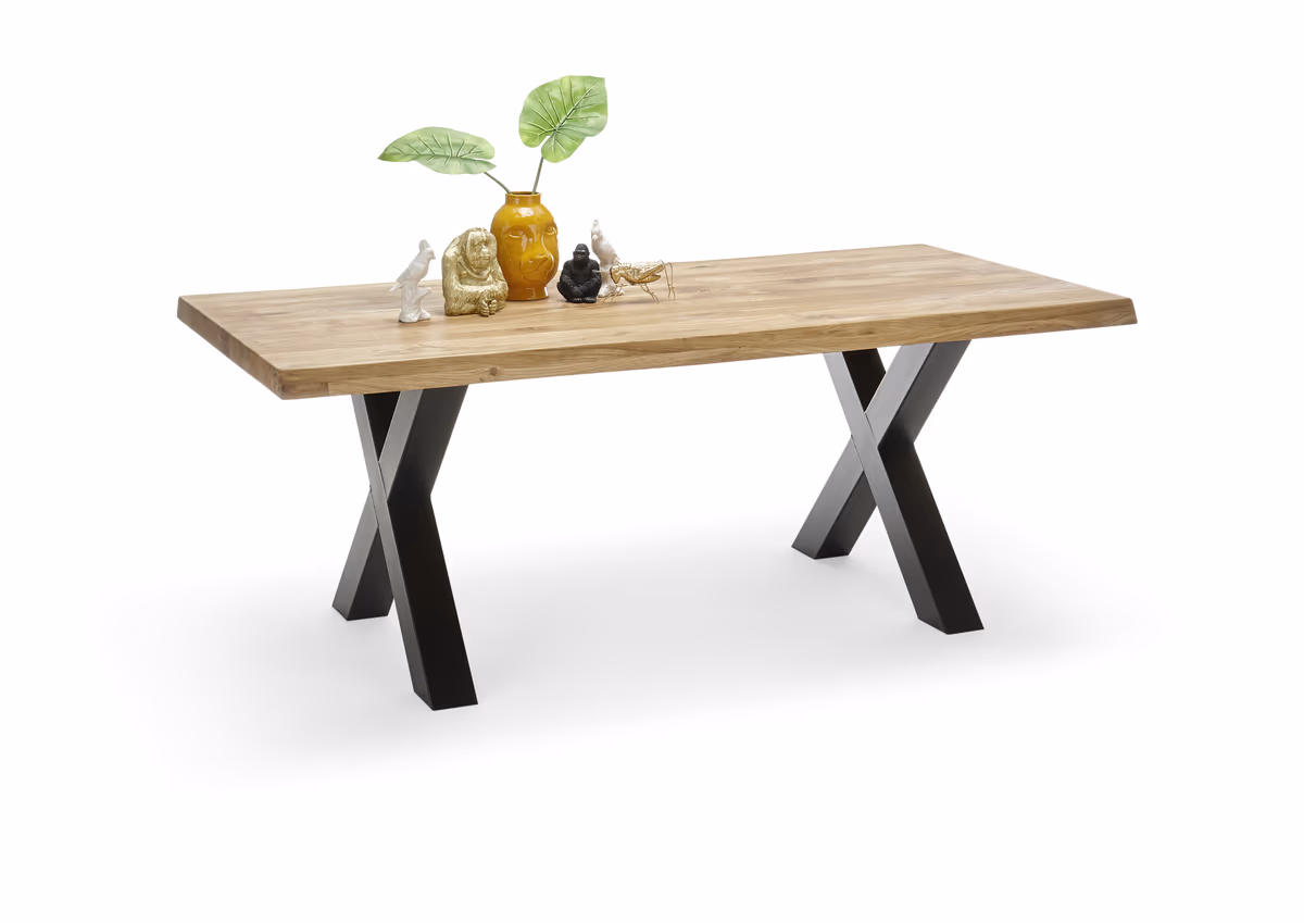 Esstisch - LB ca. 220x100 cm, Wildeiche massiv geölt, Baumkante, Schwarz