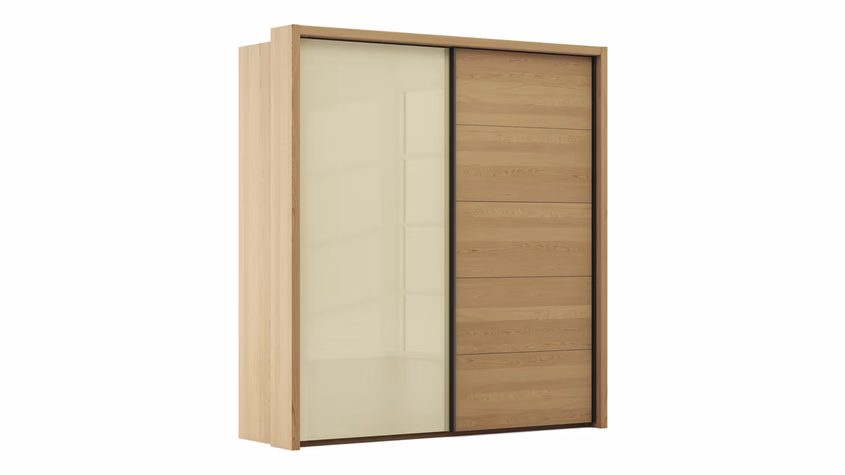 Schwebetürenschrank Lenoso - B. ca. 210 cm, Eiche massiv, Glas Champagner