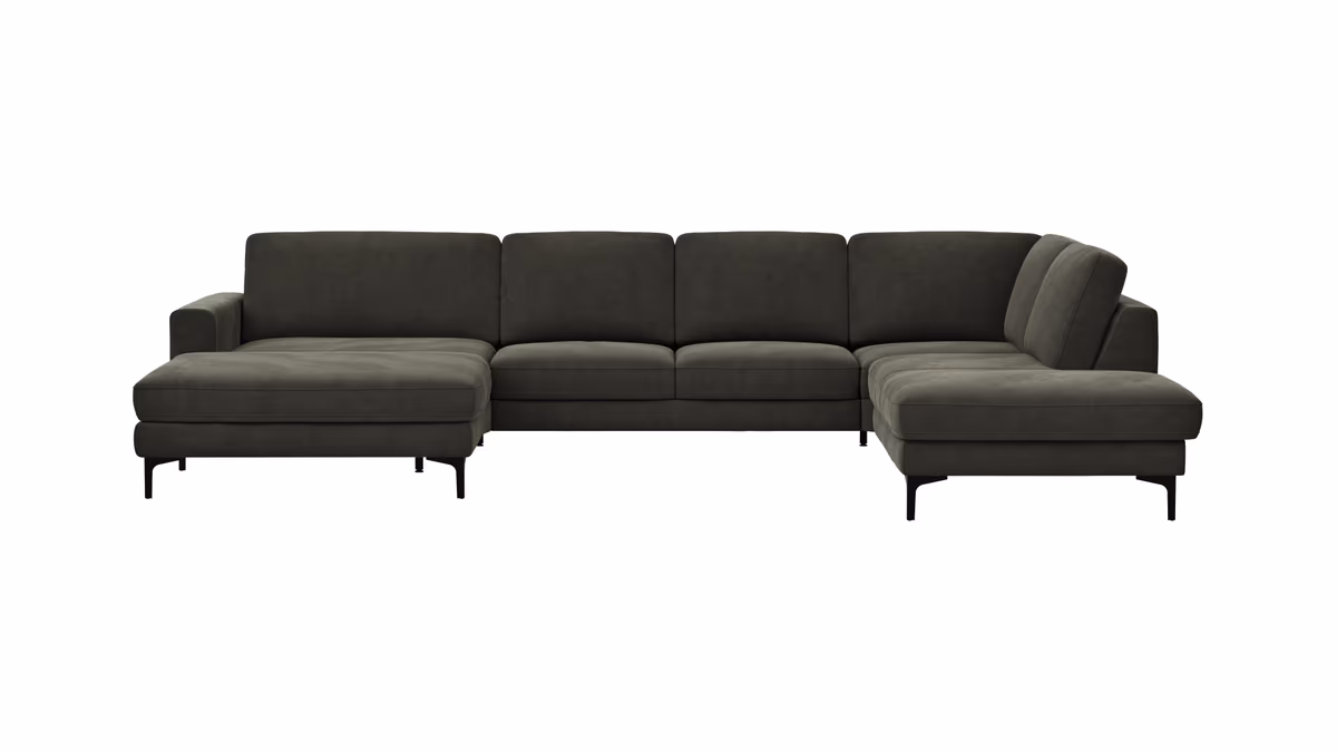 Wohnlandschaft Oviedo - Longchair links mit 2-Sitzer und Ecke rechts, Stoff, Braungrün