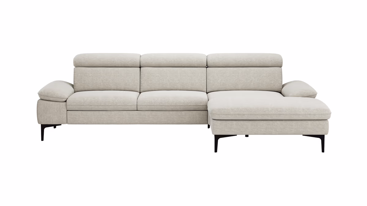 Ecksofa Felipa - 2,5-Sitzer mit Longchair rechts inkl. Kopfteil verstellbar, Stoff, Natur