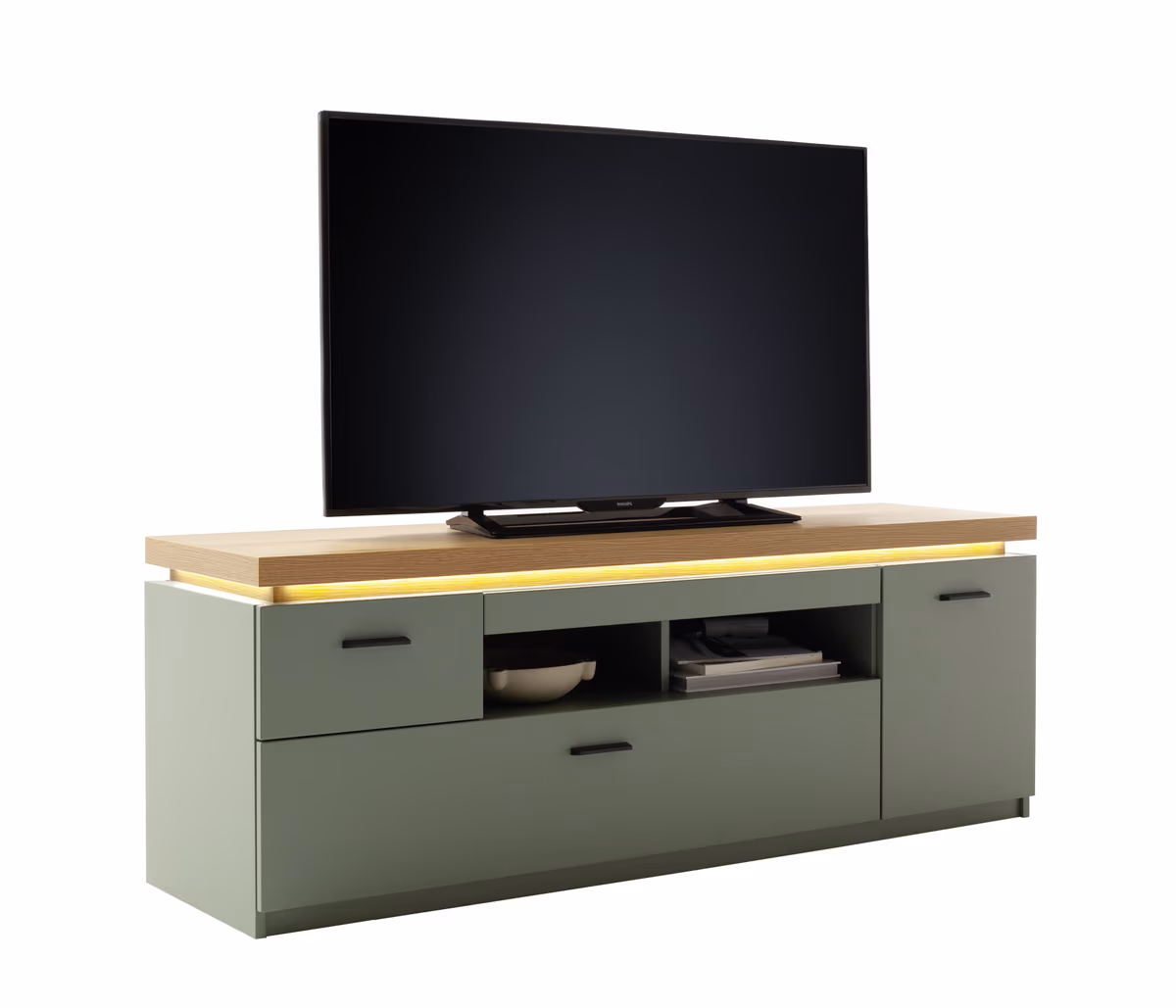 TV-Lowboard - mit Beleuchtung, B ca. 156 cm, Salbeigrün, Eiche Evoke Nachbildung