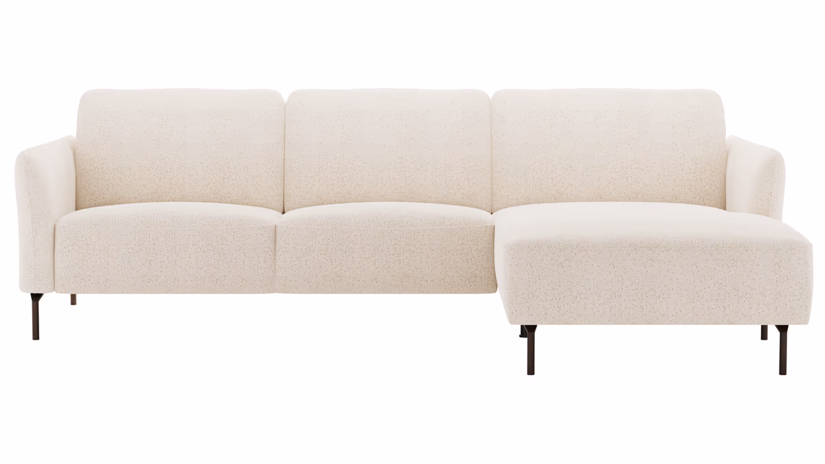 Ecksofa Leona - 3-Sitzer mit Longchair rechts inkl. Sitzvorzug motorisch, Stoff, Creme