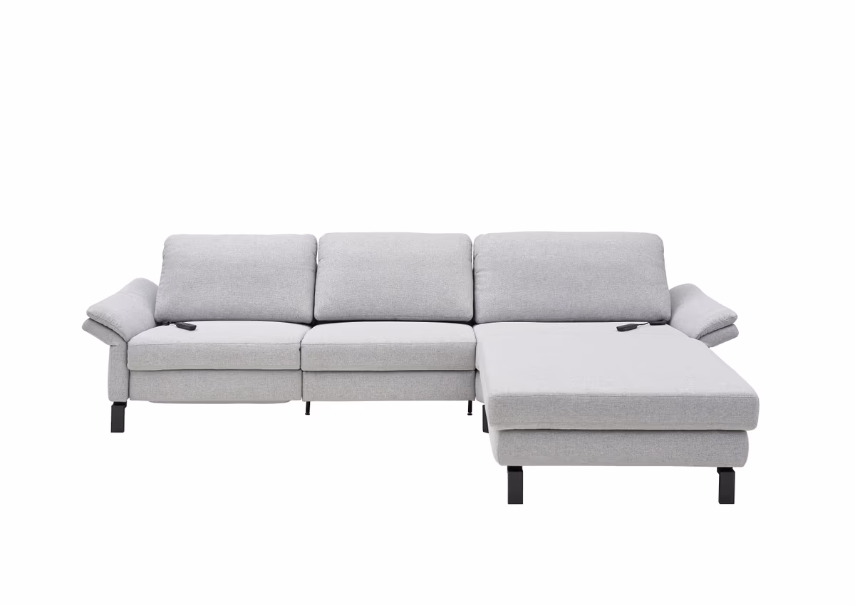 Ecksofa - 3-Sitzer mit Longchair rechts, Relaxfunktion motorisch, Stoff, Hellgrau