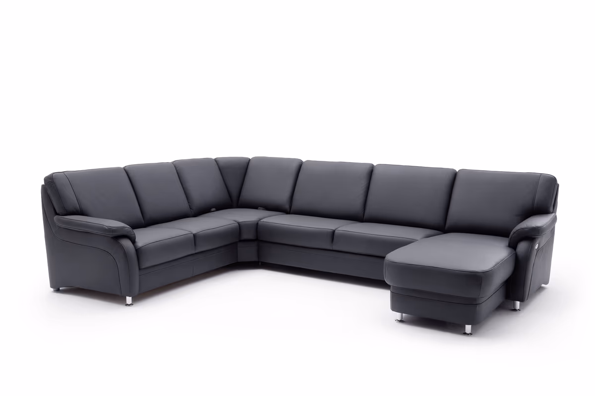 Wohnlandschaft - Ecke links mit 2,5-Sitzer und Longchair rechts, Leder, Schwarz