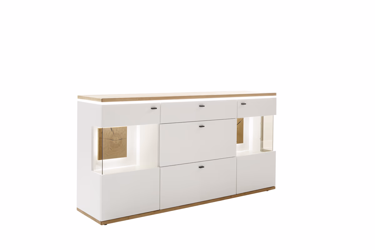 Sideboard mit Beleuchtung - Weiß, Absetzung Wildeiche Furnier