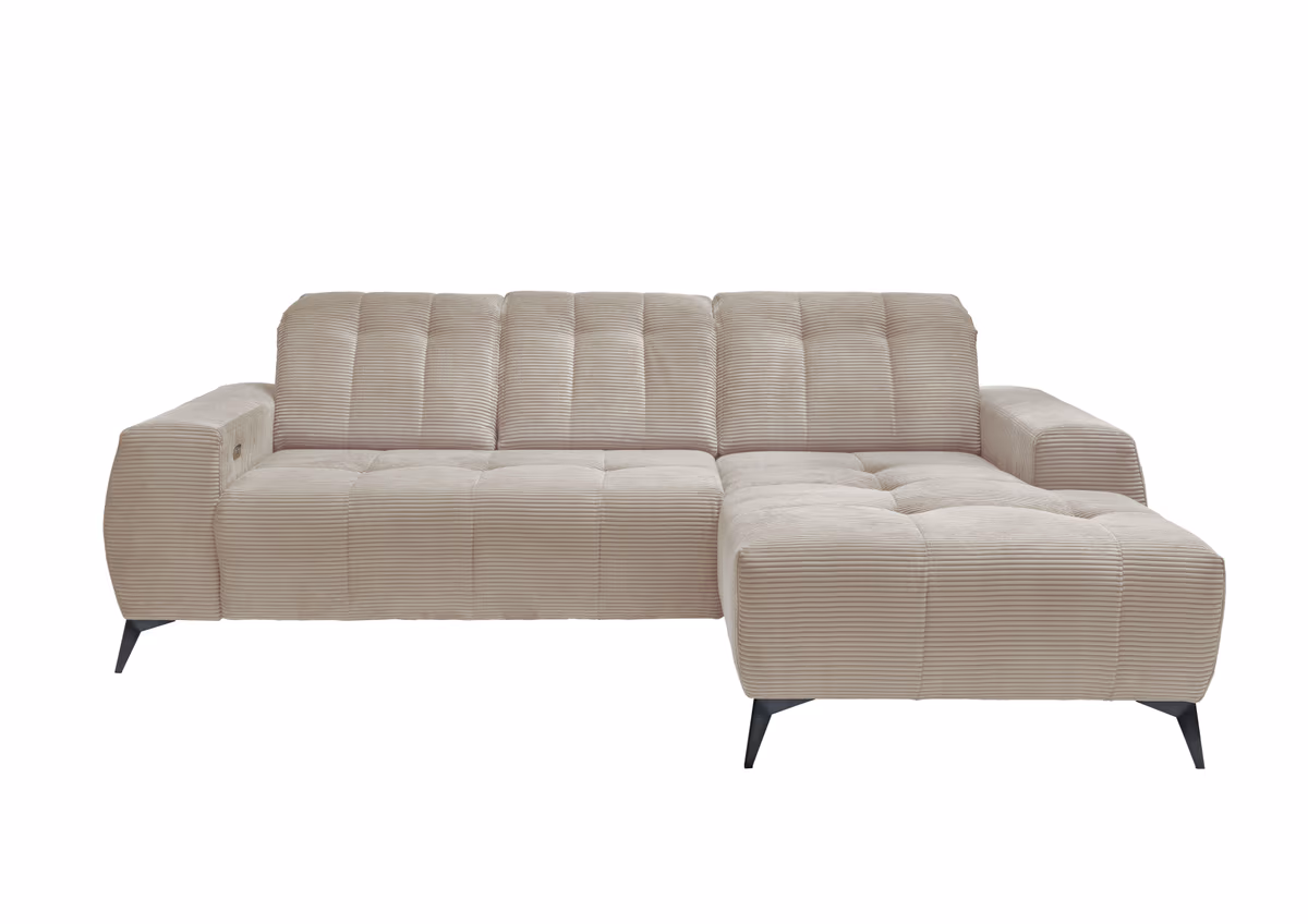 Ecksofa - 2-Sitzer mit Longchair rechts, Kopfteil verstellbar, Sitzvorzug motorisch, Stoff, Beige