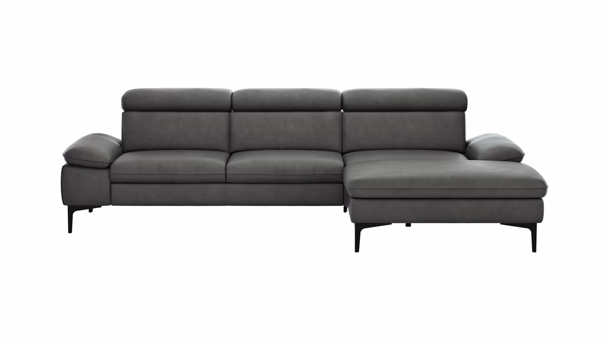 Ecksofa Felipa - 2,5-Sitzer mit Longchair rechts inkl. Kopfteil verstellbar, Leder, Grau