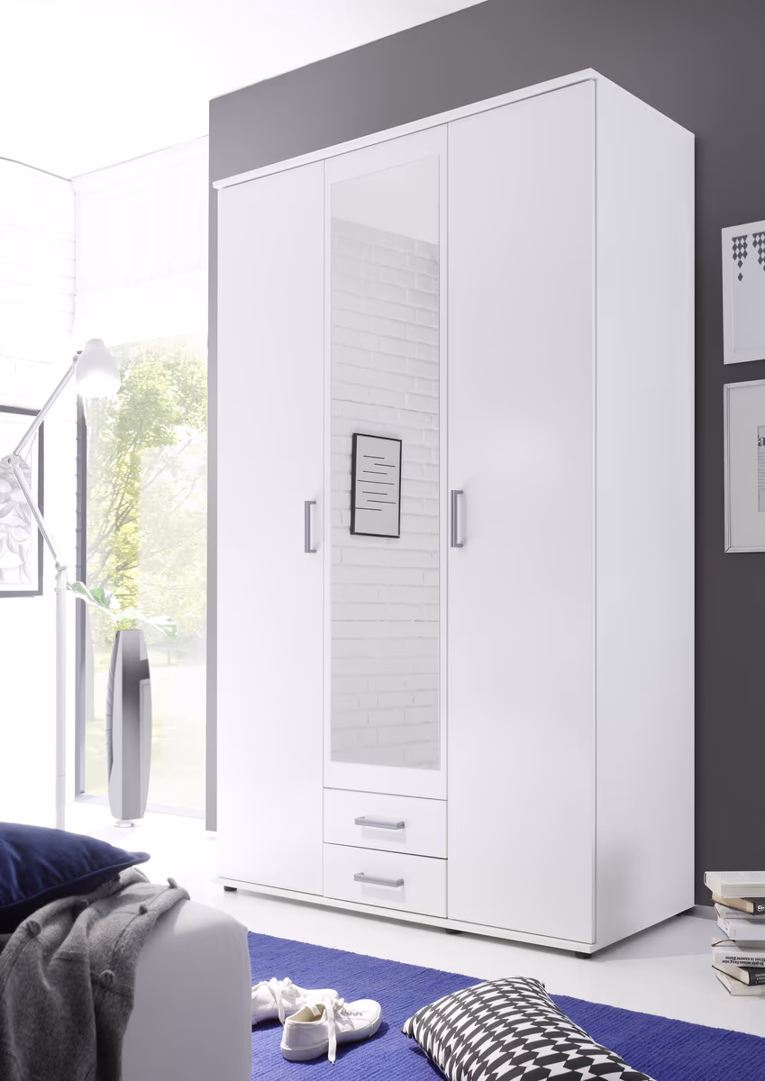 Drehtürenschrank- B ca. 120 cm, Weiß, Spiegel