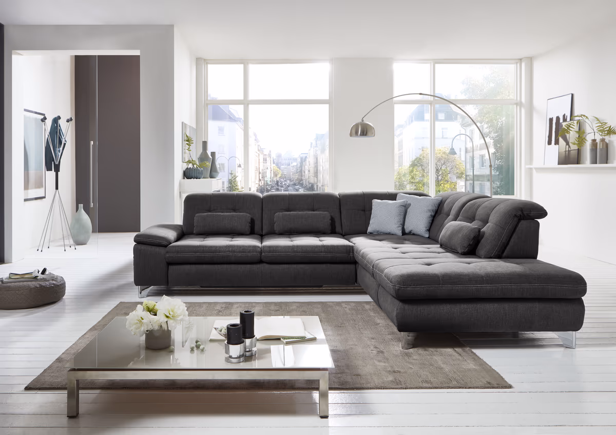 Ecksofa - 3-Sitzer mit Ecke rechts, Sitztiefe verstellbar, Stoff, Schwarz