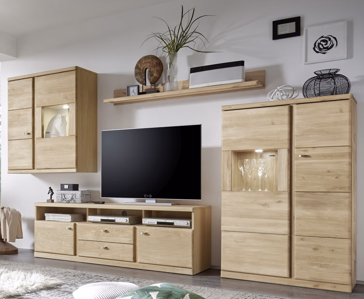 Wohnwand - mit Beleuchtung, Wildeiche Bianco, Teilmassiv