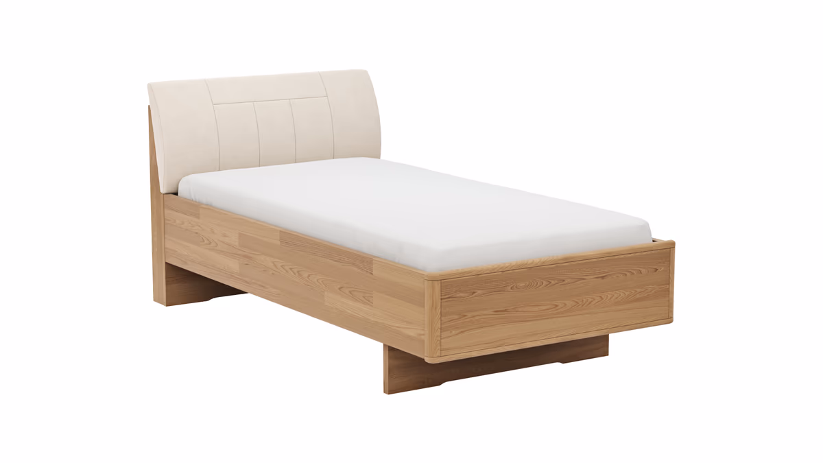 Bett Lenoso - Liegefläche ca. 100x200 cm, Eiche massiv, Kunstleder Champagner