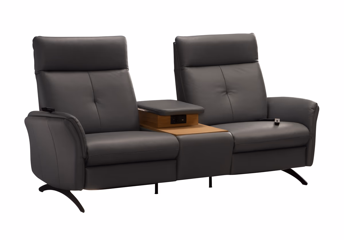 Sofa EM Pula - 2-Sitzer mit Tisch/USB/Steckdose, Leder, schwarz