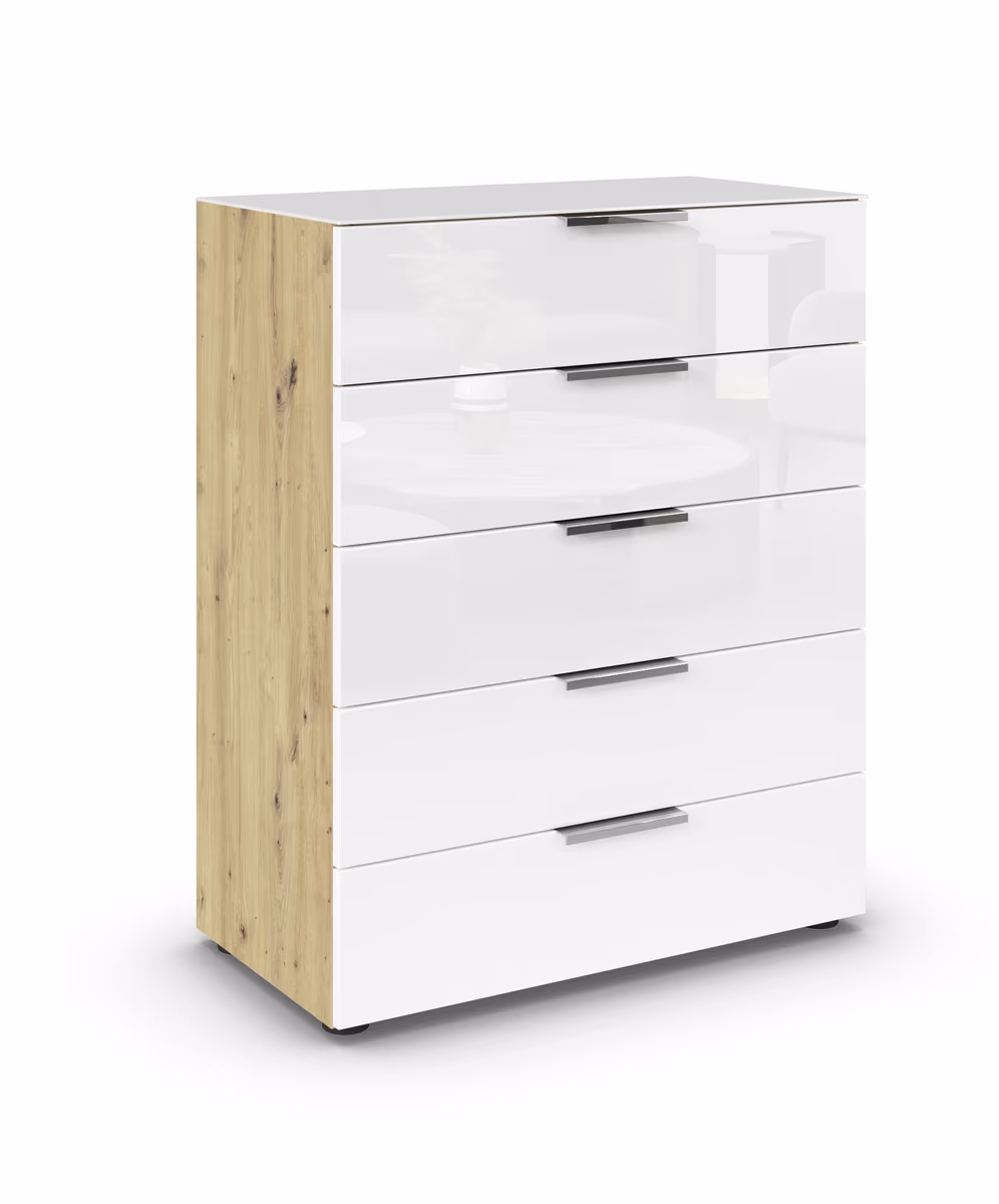 Kommode RIPP- Eiche Dekor, Glas, Weiß