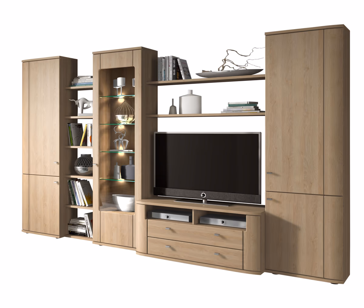 Wohnwand - mit Beleuchtung, Eiche