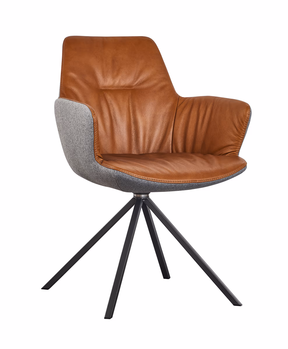 Armlehnstuhl Pegara - Stoff, Hellgrau, Leder, Cognac