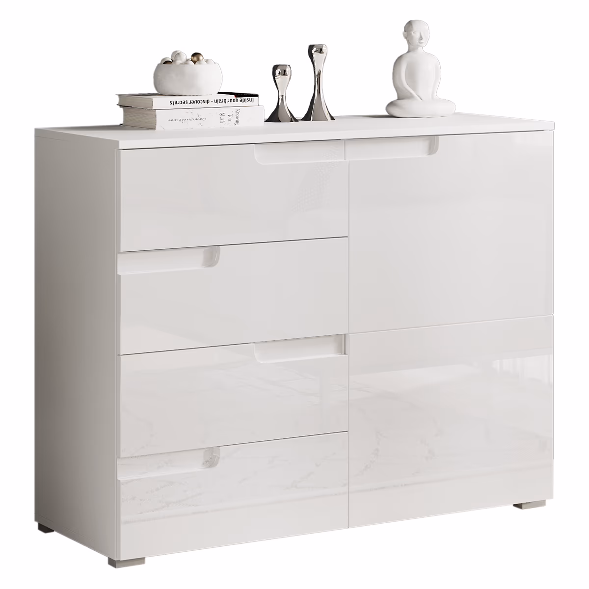 Kommode - B ca. 100 cm, Weiß, Weiß Hochglanz