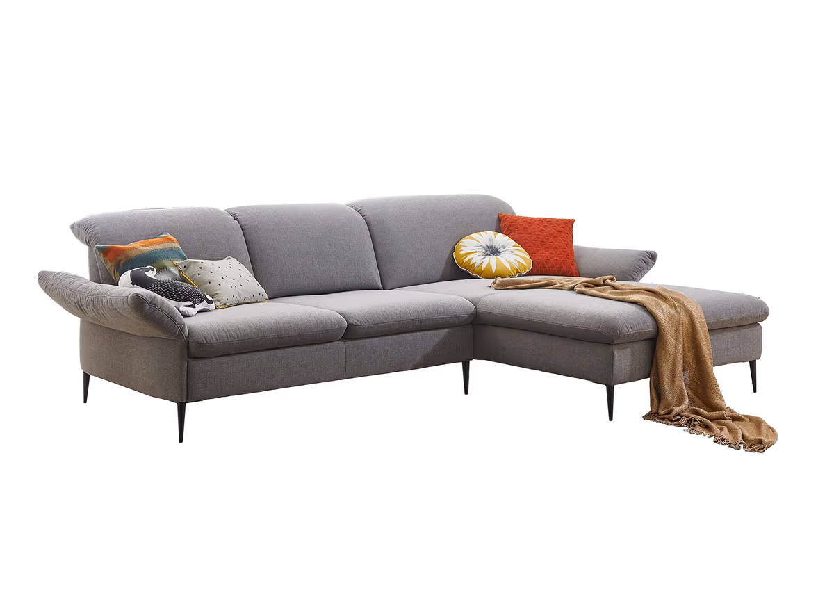 Ecksofa - 2,5-Sitzer mit Longchair rechts, inkl. Rückentiefen- und Kopfteilverstellung, Stoff, Grau