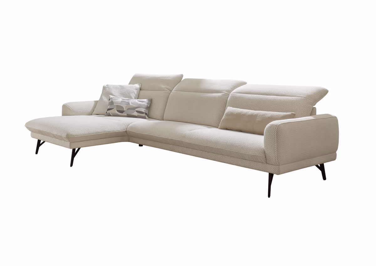 Ecksofa EM Miramar - Longchair links mit 3-Sitzer, Kopfteil/Sitztiefe verstellbar, Stoff, beige