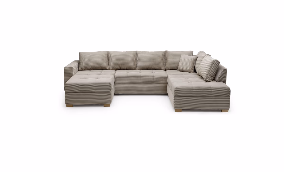 Wohnlandschaft JOSY - Longchair links mit 1,5-Sitzer und Ecke rechts inkl. Schlaffunktion mit Bettkasten, Stoff, Taupe