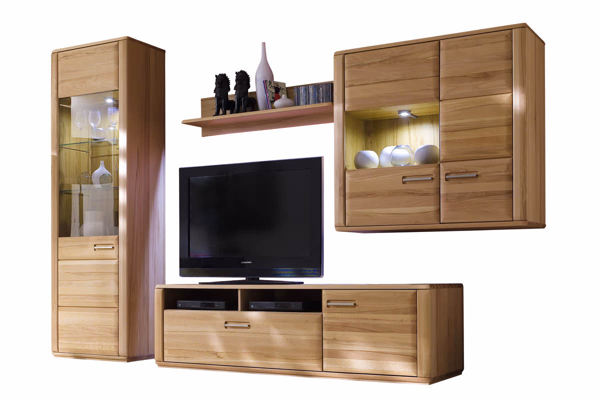 Wohnwand - mit Beleuchtung, Kernbuche teilmassiv