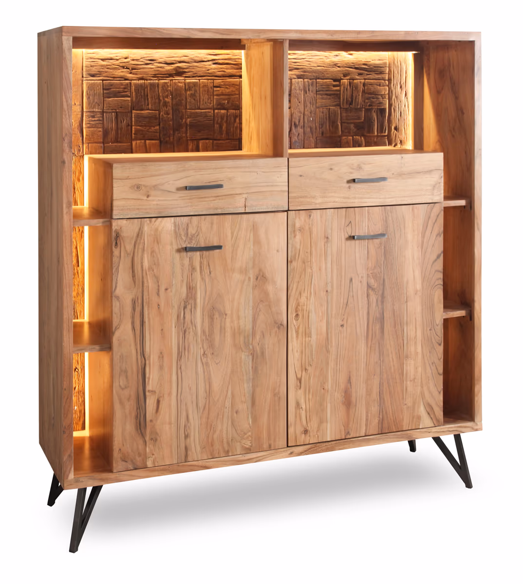 Highboard - mit Beleuchtung, B ca. 145 cm, Akazie massiv