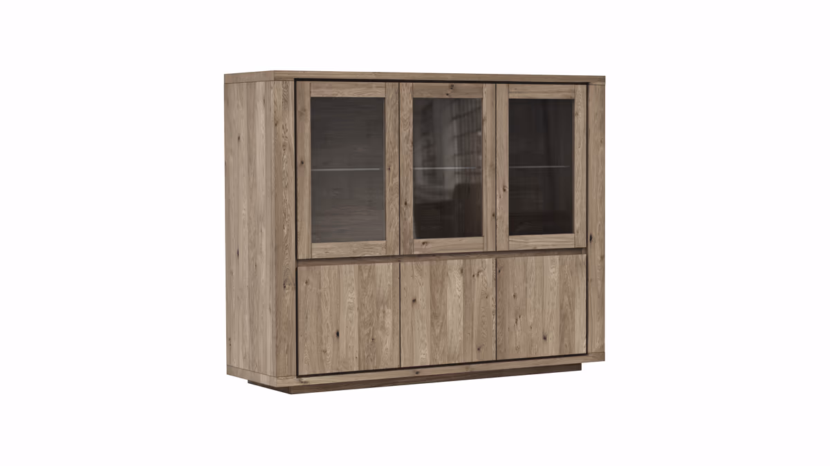 Highboard Bakersfield - sichtbare Rückwand geschroppt, Asteiche massiv, barrique