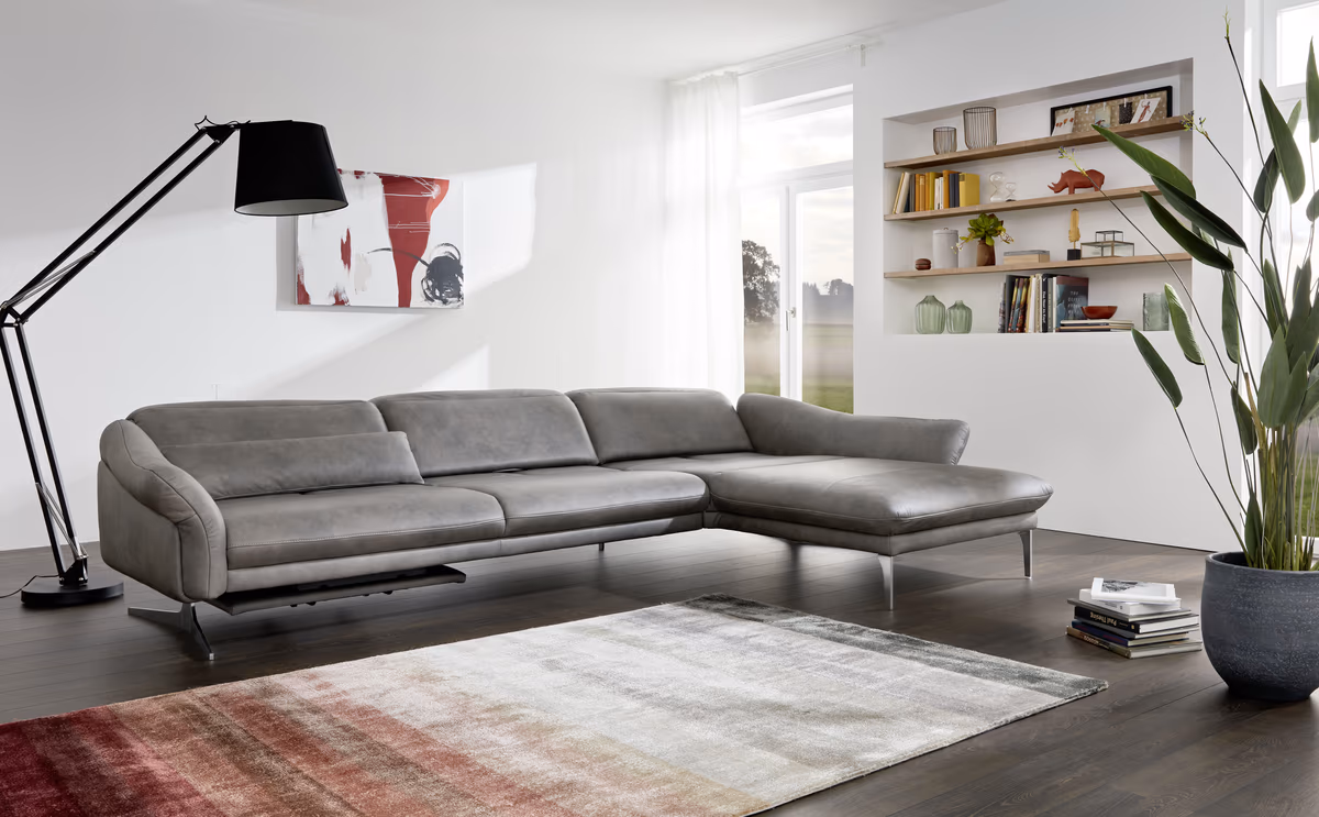 Ecksofa EM Imola - 2,5-Sitzer mit Longchair rechts inkl. Kopfteil und Sitztiefe verstellbar, Leder, Graugrün