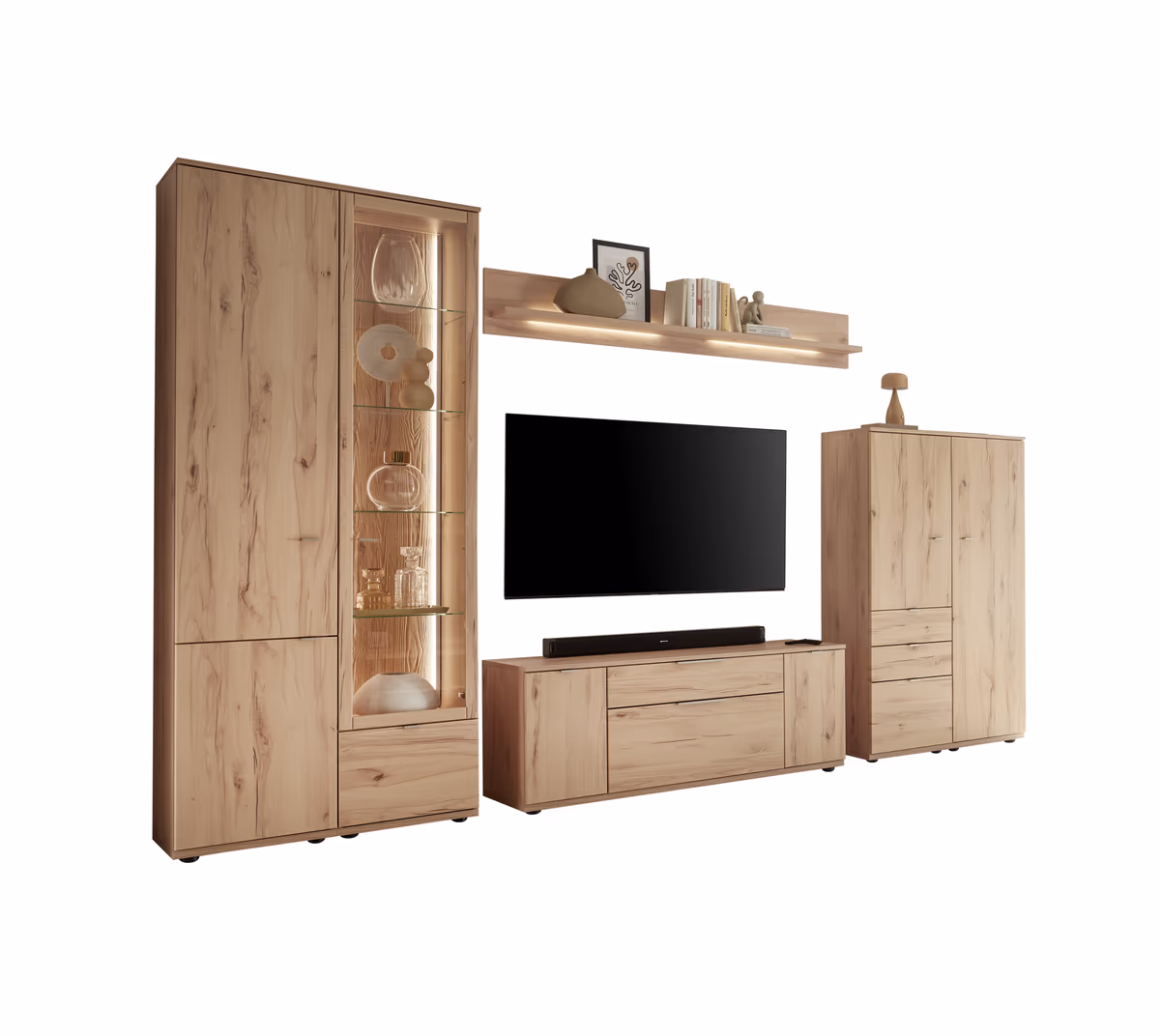 Wohnwand EM Aveiro - mit Wandboard, Beleuchtung, Rückwandschroppung, Balkenbuche Nachbildung