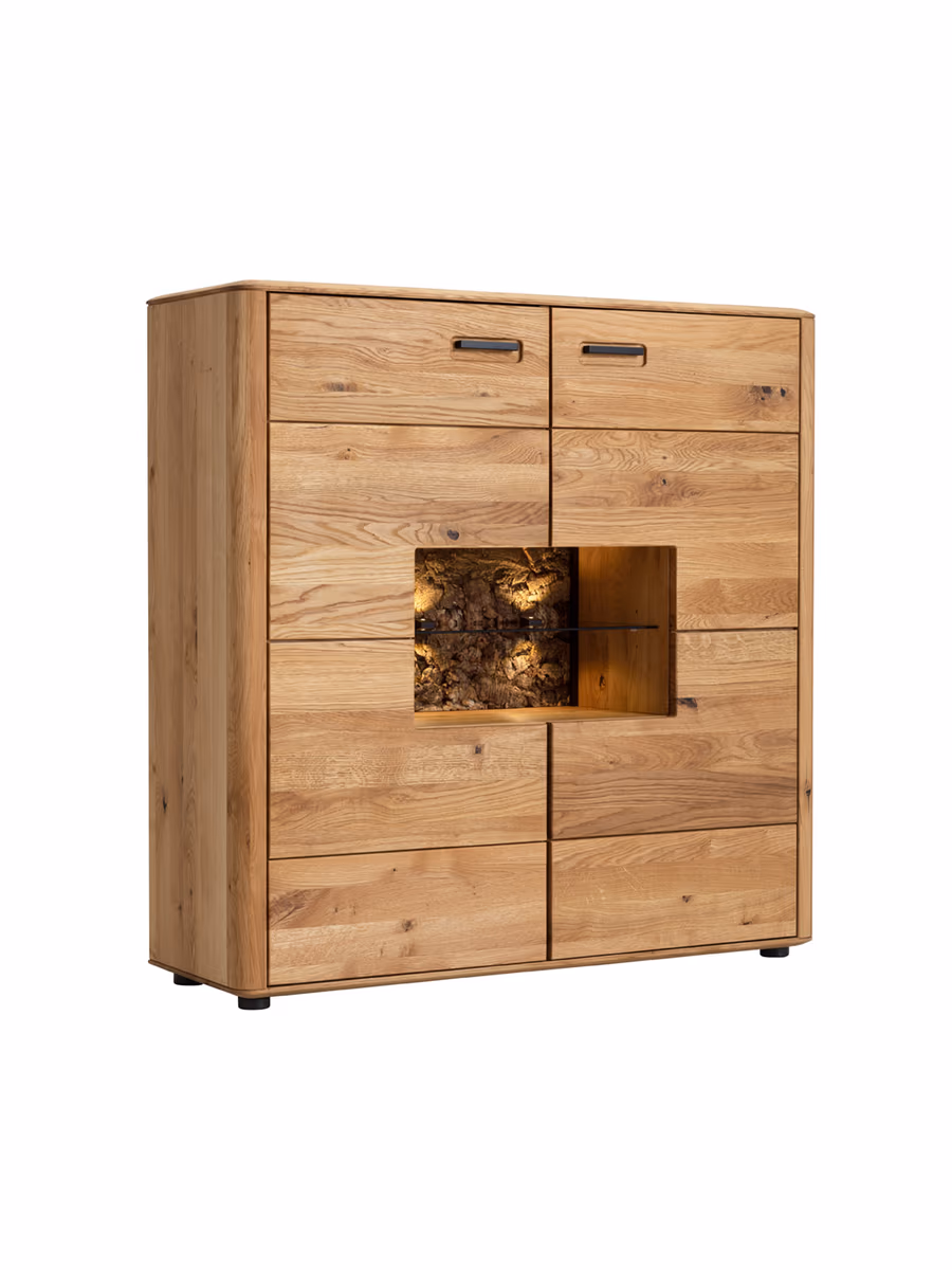 Highboard Vigo - inkl. Beleuchtung, Wildeiche massiv, Natur geölt