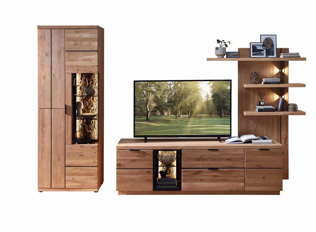 Wohnwand - mit Beleuchtung, Wildeiche teilmassiv