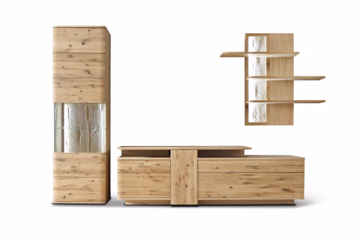 Wohnwand - mit Beleuchtung, Eiche teilmassiv