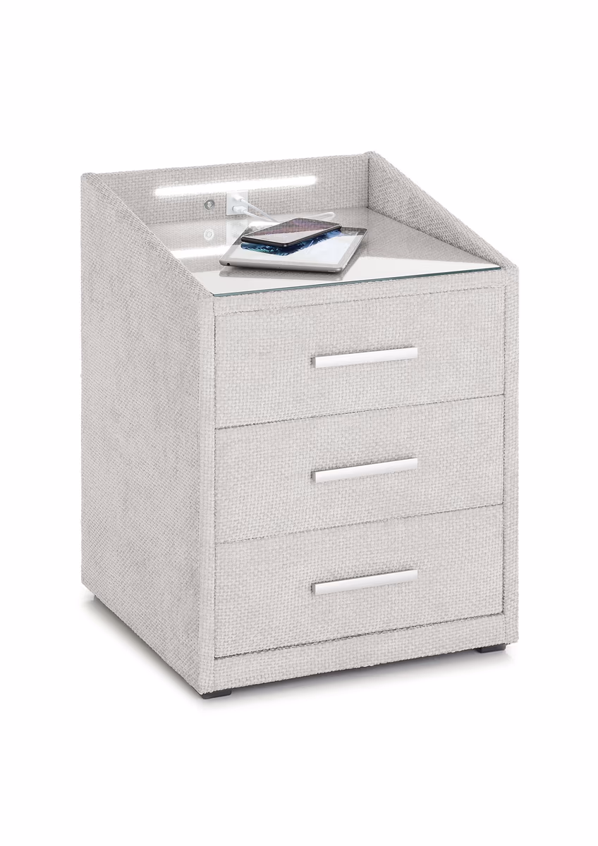 Nachttisch- Creme, mit Glasplatte, inkl. Beleuchtung