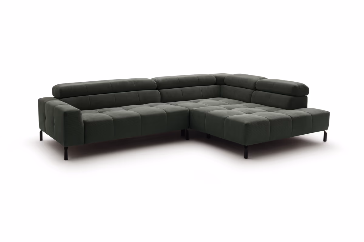 Ecksofa - 2-Sitzer mit Ecke rechts, Kopfteil verstellbar, Feincord, Olive