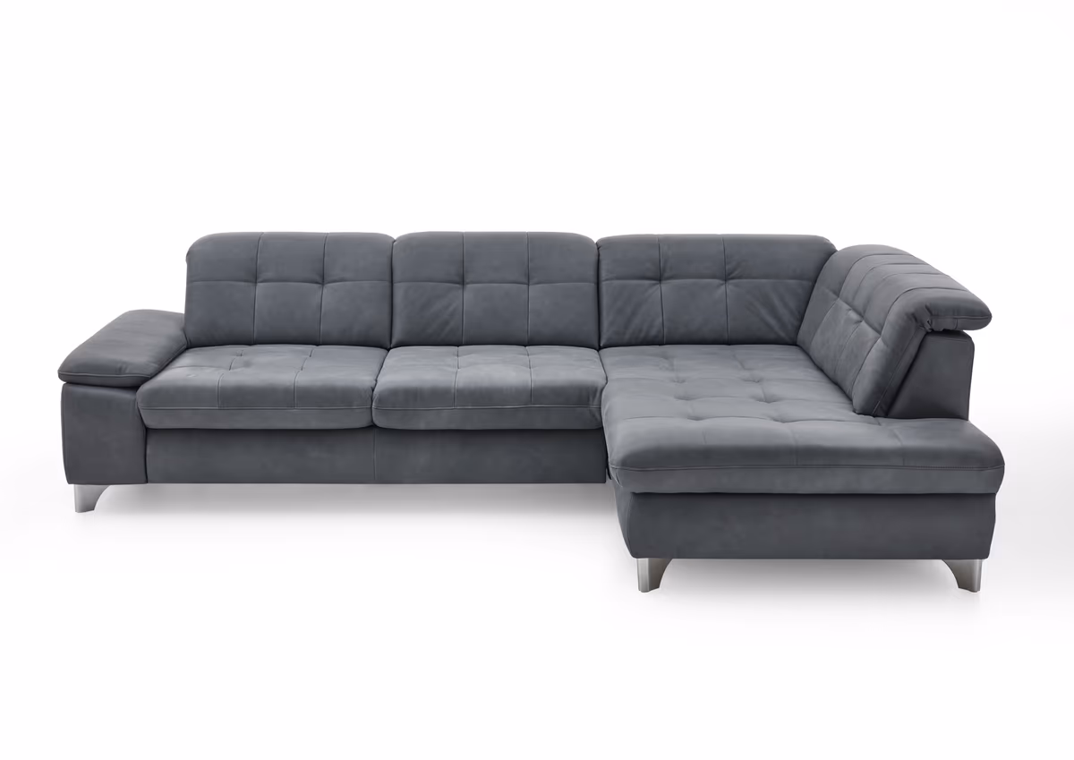 Ecksofa - 3-Sitzer mit Ecke rechts, Sitztiefe verstellbar (manuell), Leder, Eisengrau