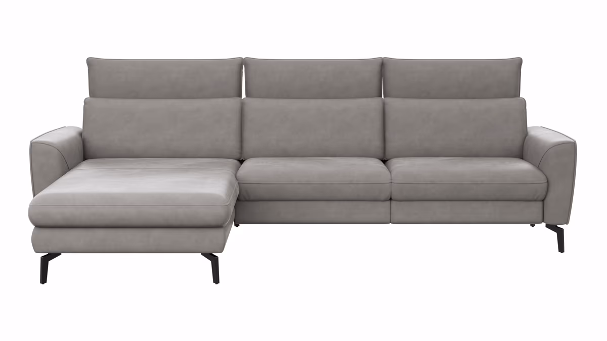 Ecksofa Avela - Longchair mit 2,5-Sitzer rechts inkl. Kopfteile verstellbar, Leder, Steingrau