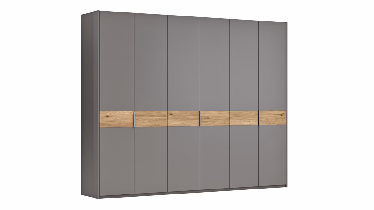 Drehtürenschrank Viana - B ca. 303 cm, Lack, Steingrau, Riffholz, Wildeiche